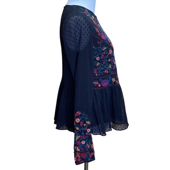 Zara Sheer Embroidered Floral German Ruffle Blouse Size XS - Picture 7 of 11
